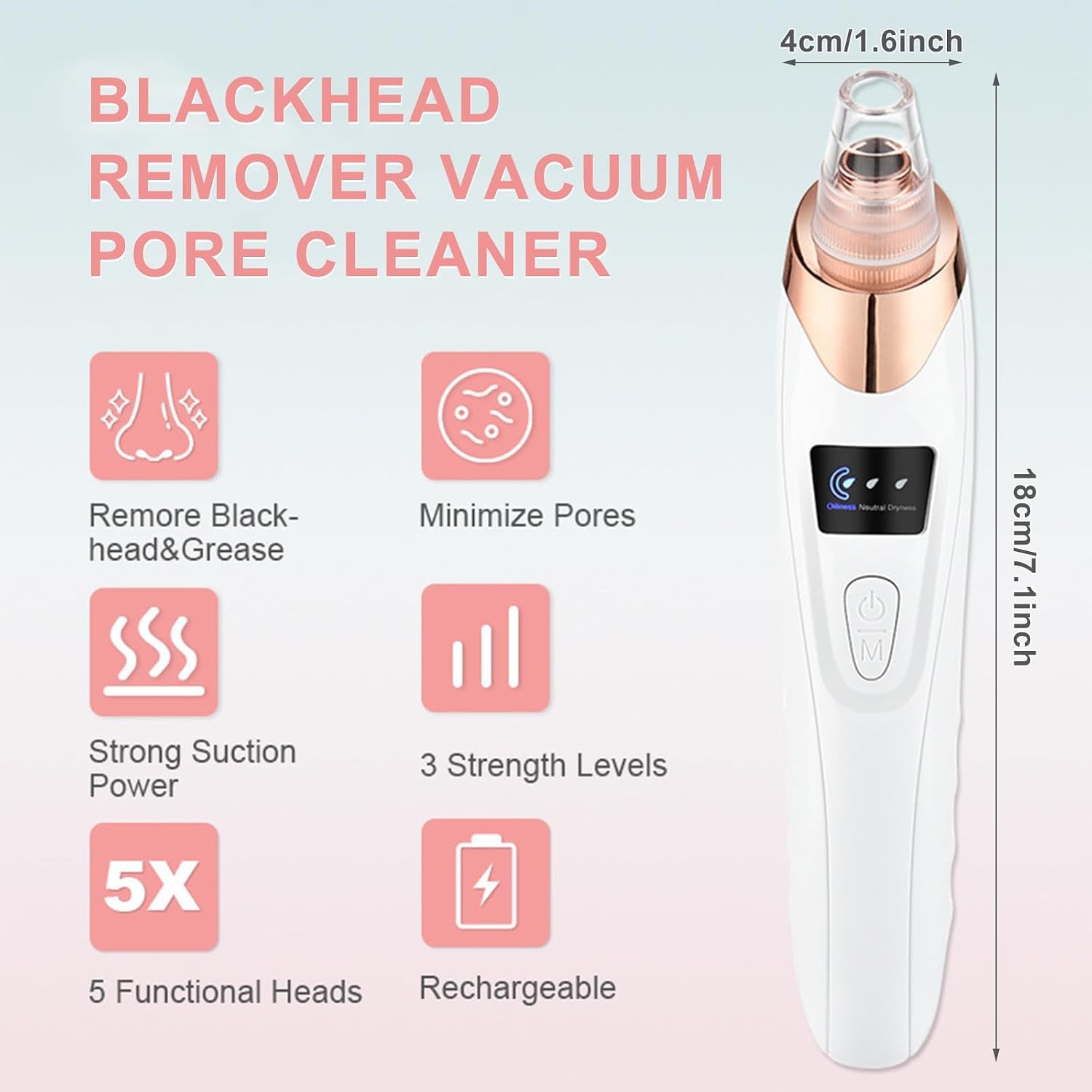2026 Blackhead Vacuum, Pore Vacuum,Rechargeable Black Head Remover for Face | 3 Adjustable Suction Levels, 5 Replaceable Heads, Blackhead Spatula for Women & Men, Blackhead Remover Vacuum for Deep Clean