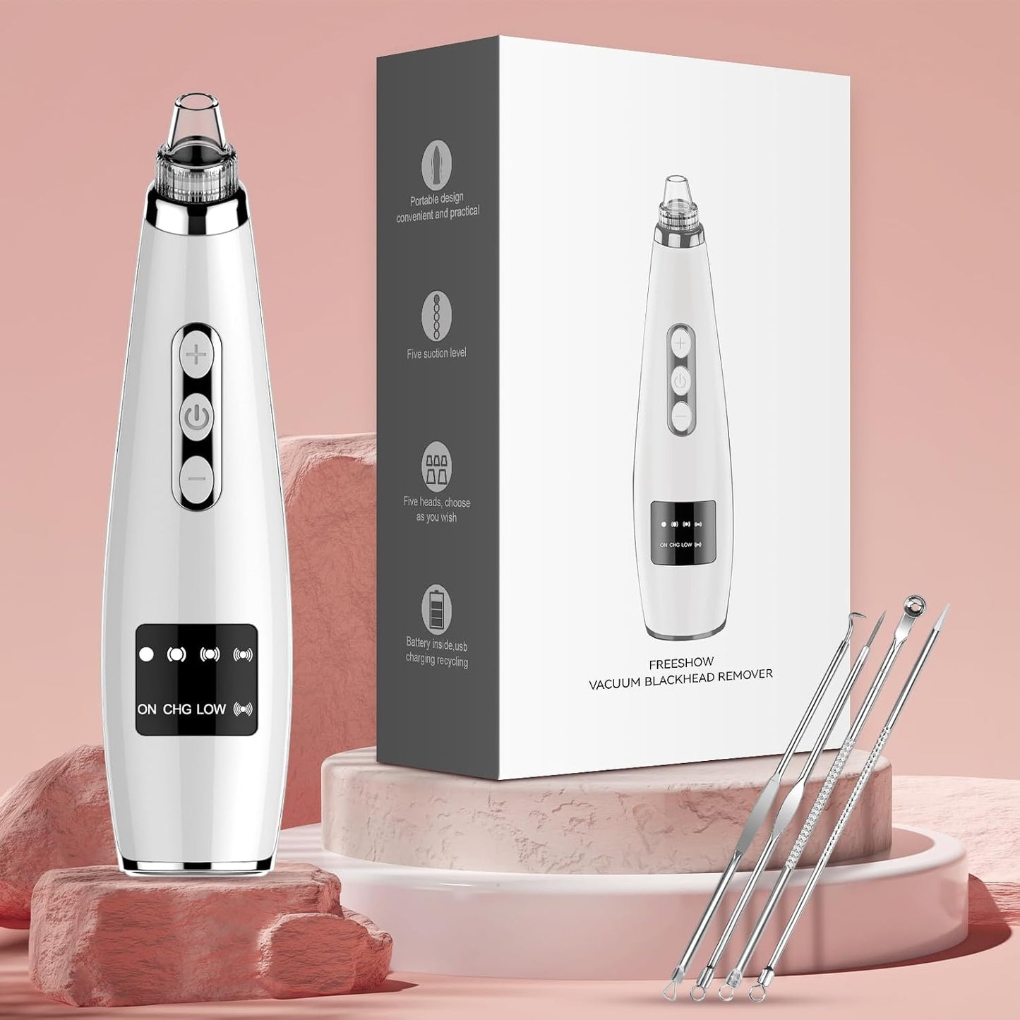 Blackhead Remover Pore Vacuum, USB Rechargeable Face Pore Cleaner Tool | Upgraded Electric Comedone Whitehead Extractor Tool-5 Suction Power,5 Probes,Blackhead Vacuum Kit for Women & Men